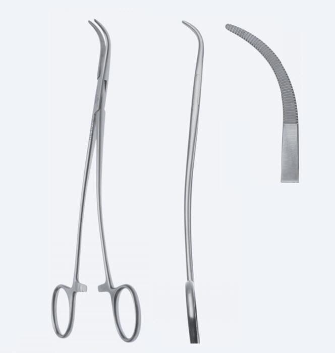 Зажими, дисекційні та лігатурні, "Overholt", S-вигнуті, зубчасті щелепи, з кремальєрою, довжина 215 мм. Бренд - Asanus Medizintechnik Gmb, Німеччина